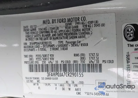 2012 Ford Fusion Sel from USA, damaged, VIN 3FAHP0JA7CR290155